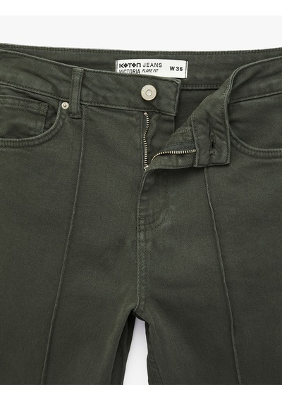 Koton Pamuklu Cepli Düğmeli Dar Kesim İspanyol Paça Denim Pantolon - Flare Jeans Haki 6sal40057mw Haki