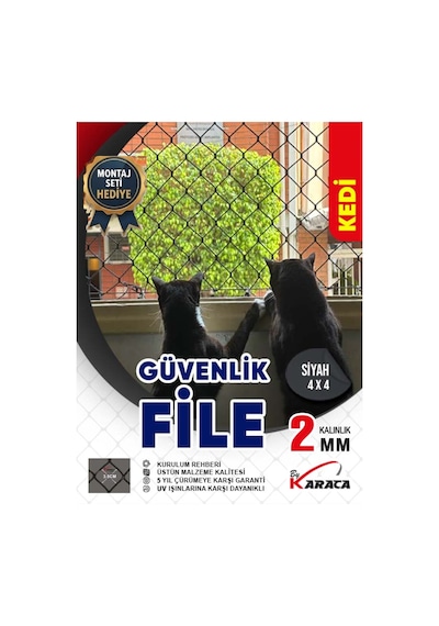Kedi Güvenlik Filesi 3x4 Metre - Siyah Renk, 2mm Ip Kalınlığı, 4x4 Cm Gözenek
