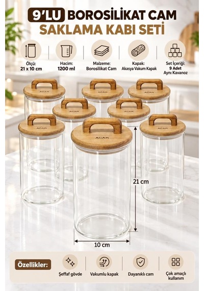 Atbyhome 9'lu Kulplu Ahşap Kapaklı Düz Cam Kavanoz Seti 1200 Ml - Vakumlu Borosilikat Erzak Bakliyat Kabı Ahşap - Şeffaf