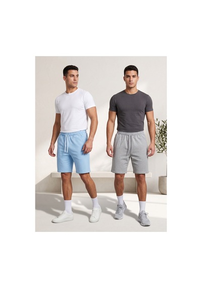 Machi Makiteks Erkek Mavi Gri İkili Rahat Kesim Beli Lastikli Cepli Penye Şort Günlük Basic Rejenere Sweat Bermuda Gri - Mavi