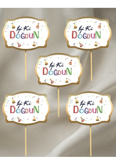 Konuşma Balonu 5li Set İyi Ki Doğdun Renkli Yazı Ve Varak Çerçeve Doğum Günü Akasesuarı 17x12cm +3
