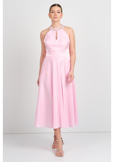 Saygın Kadın Halter Yaka Saten Midi Abiye Elbise 5624 Pembe Pembe