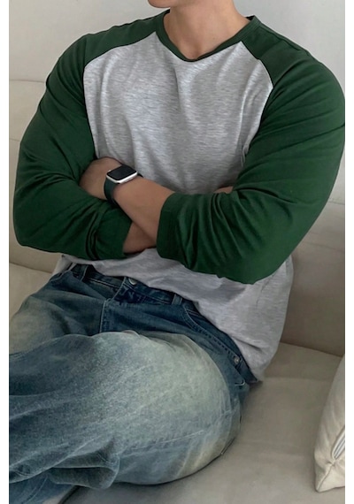 Tarz Cool Erkek Reglan Kol Uzun Kollu Basic Tişört Süprem %100 Cotton Bisiklet Yaka Rahat Kalıp Haki