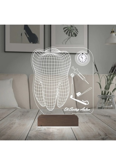 Luvivia Diş Doktoru Hediye Diş Hekimi İmplant Kişiye Özel Metal Saatli 3d Lamba - Masa Gece Lambası Şeffaf
