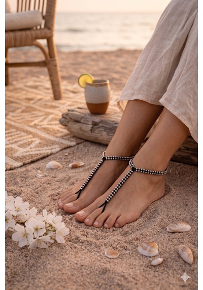 Boncuk Detaylı Halhal Çift Ayak Takısı Barefoot Sandal Siyah