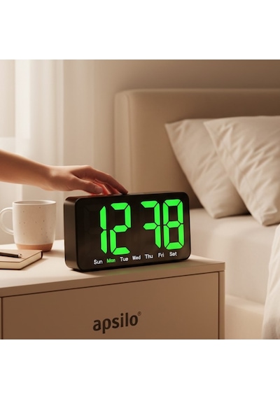 Modern Led Dijital Alarm Saat Büyük Ekranlı, Gün Göstergeli, Şık Masaüstü Saat Yeşil