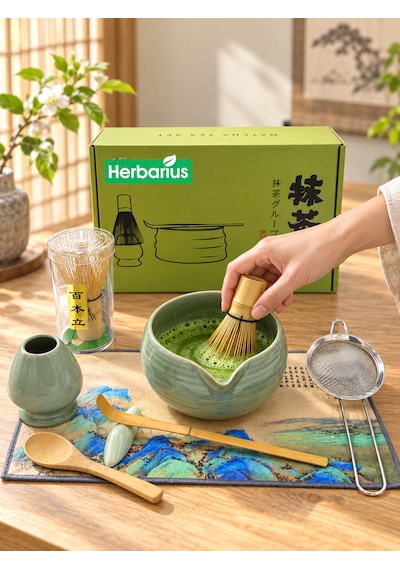 Herbarius 8 Parça Parlak Mint Yeşili Renk Matcha Çayı Hazırlama Seti - Geleneksel Japon Matcha Seti
