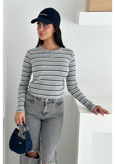 Noa & Noa Kadın Çizgili Düğme Detaylı Bluz Retro Stripe Gri