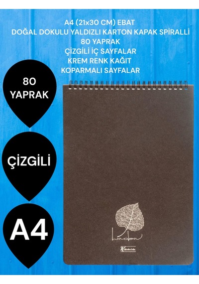Çizgili A4 21x30 Cm 80 Yaprak Karton Kapak Spiralli Krem Renk Sayfalar Üstten Açılır Linden Kahve