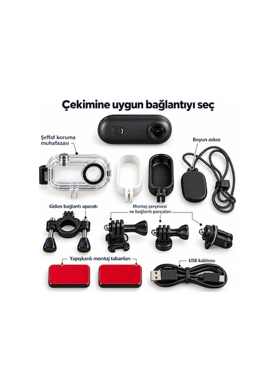 Kompakt Mini Aksiyon Kamerası Ve Su Geçirmez Aksesuar Kit Siyah