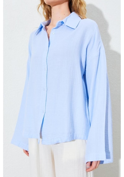 Manche Kolları Salaş Yıkamalı Müslin Oversize Rahat Kalıp Kadın Basic Gömlek - Bebe Mavi Mks166881-01 Manche Kolları Salaş Yıkamalı Müslin Oversize Rahat Kalıp Kadın Basic Gömlek - Bebe Mavi Mks166881-01