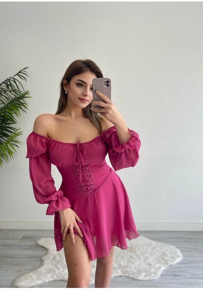 Munora Butik Kuşgözü Detaylı Şifon Fuşya Elbise Fuşya Fuşya