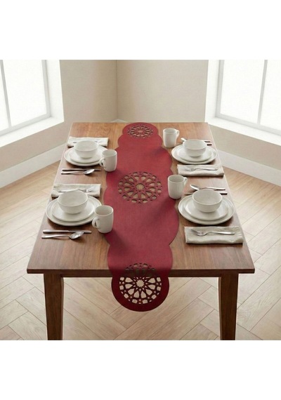 1 Adet Deri Runner-40x140 Cm-yıldız Desenli Runner Kırmızı