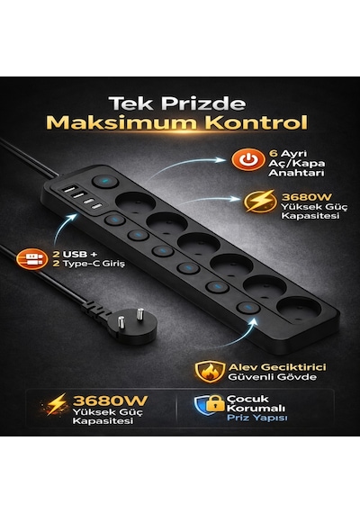 6 Lı Ayrı Anahtarlı Akım Korumalı Priz 3680w 16a 2 Usb 2 Type-c 2 Metre Kablolu Çoklu Priz 3 M