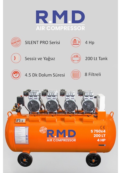 R.m.d Kompresör 200 Lt Hava Kompresörü Sessiz Ve Yağsız S750x4