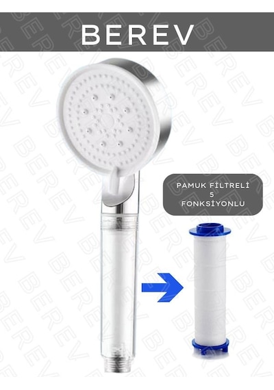 Berev  Filtreli 5 Fonksiyonlu Krom Yüksek Basınçlı Ayarlanabilir Duş Başlığı 150 Cm Hortum Mafsallıı Set Krom
