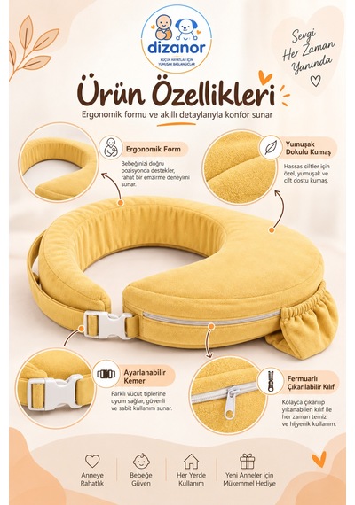 Dizanor Ayarlanabilir Kemerli Çok Amaçlı Emzirme Minderi Fermuarlı Yıkanabilir Kılıf 56x50x11 Cm - Sarı