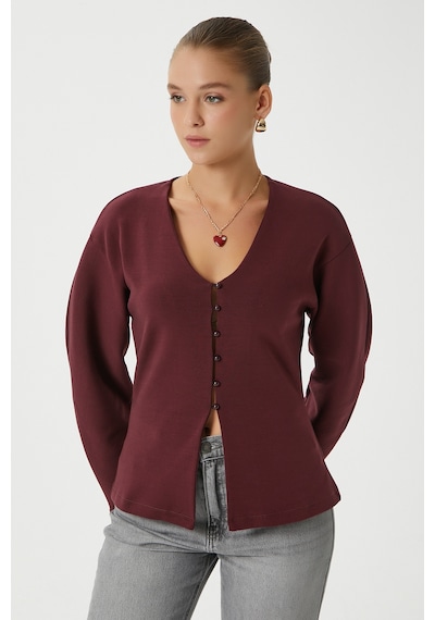 Ritnice Kadın Osea Premium Bele Oturan Bordo Şık Düğme Detay Peplum Bluz Bordo