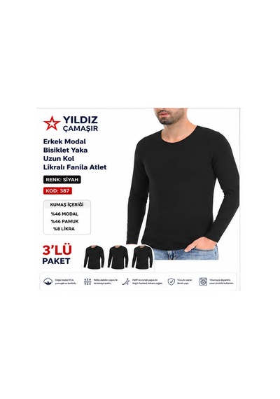 Yıldız Çamaşır Erkek Modal Bisiklet Yaka Uzun Kol Likralı Fanila Atlet 385-386-387 - 3 Adet Siyah Yıldız Çamaşır Erkek Modal Bisiklet Yaka Uzun Kol Likralı Fanila Atlet 385-386-387 - 3 Adet Siyah