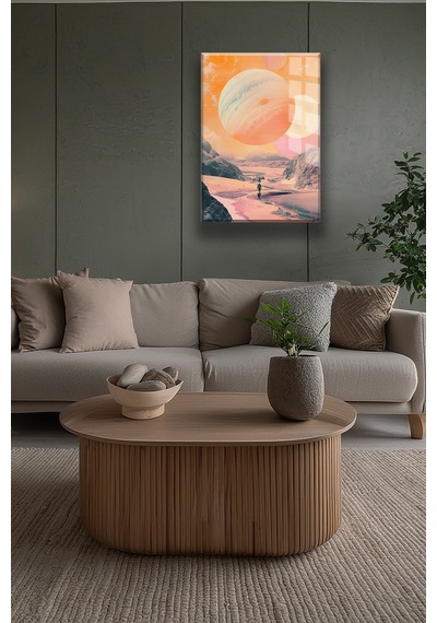 Pembe Gezegenler 4mm Cam Tablo Rüya Gibi Kozmik Uv Baskı Beyaz