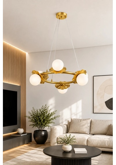 Modern Premium 6lı Eskitme Halka Sarkıt Avizesi Salon Mutfak Oturma Odası Modelleri 6 Ampül X G9 Duy Gold