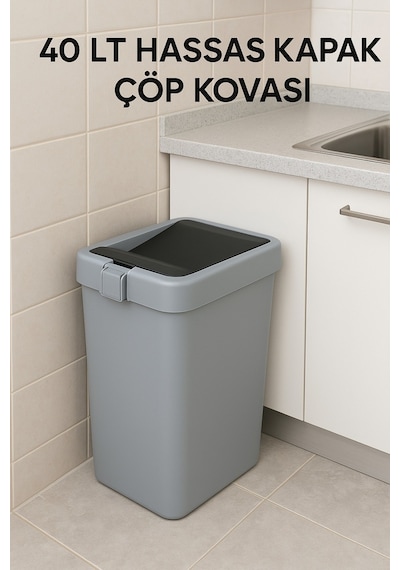 Motek Gri 40 Lt Çöp Kovası Hassas Kapaklı Çöp Kutusu Pratik Kapak
