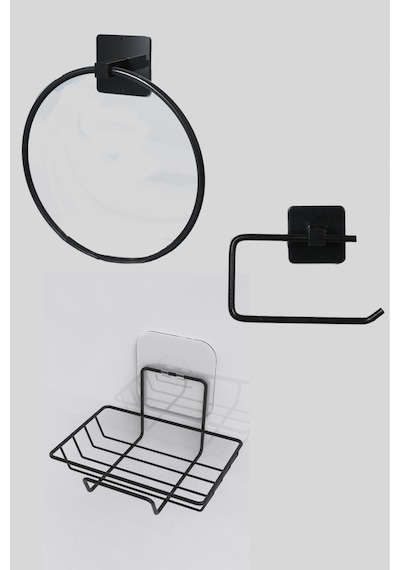 Karteya 3'lü Banyo Seti Yapışkanlı Paslanmaz Banyo Sabunluk Wc Kağıtlık Havluluk Banyo Düzenleyici Set Siyah