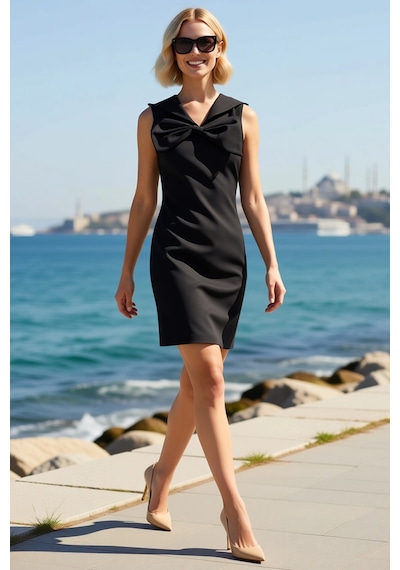Benerly Kadın V Yaka Kolsuz Bodycon Midi Elbise Astarlı Micro Dokuma Elas Siyah