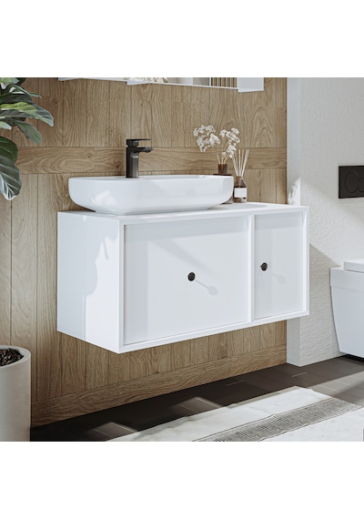 Gusto Ayaksız Oval Lavabolu Mdf 90 Cm Çekmeceli Banyo Dolap Beyaz Mat Beyaz