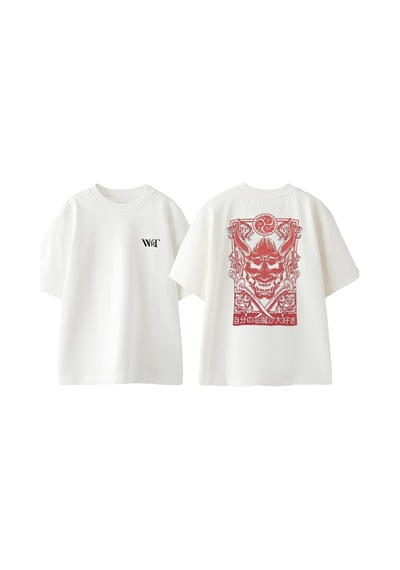 Thewert Red Şeytan Tasarım Sırt Baskılı Pamuk Beyaz Oversize T-shirt