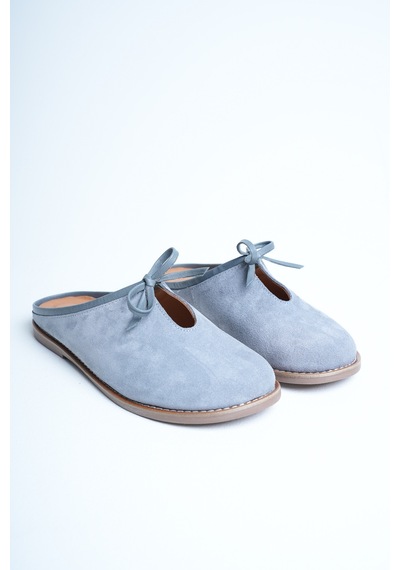 Analin Shoes Kadın Hakiki Deri Fiyonk Detaylı Düz Terlik Gri