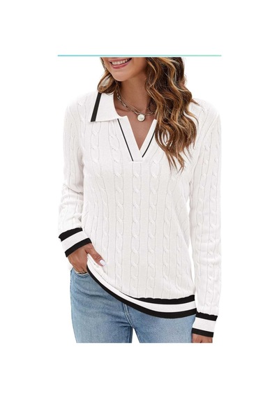 Youknitwear You Riviera Polo Yaka Kadın Kazak Beyaz Çizgili