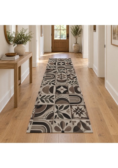 Kartela Halı Kahve Terakota Siyah Krem Koridor Mutfak Yolluk Halısı Kaymaz Taban 60x180 Cm