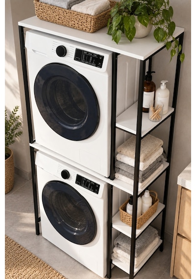 Sulorahome Çamaşır Makinesi Üstü Metal Raf Sistemi Ve Yan Raflı Düzenleyici Beyaz