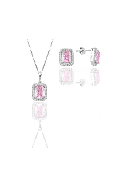 Gümüş Rodyumlu Pembe Taşlı Baget Kesim Ikili Set