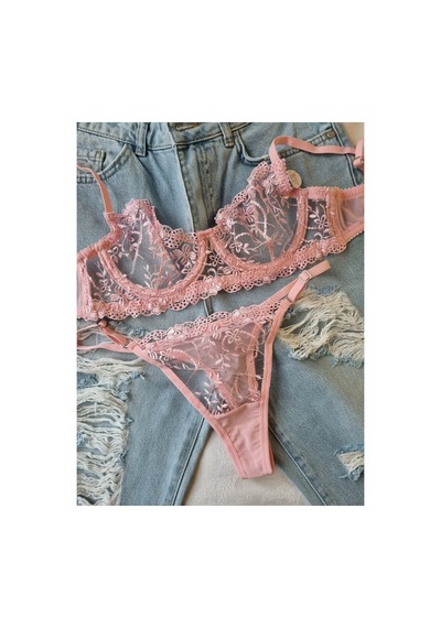 Demirsa Boutique Çiçek Desenli Dantelli Pembe Sütyen Ve Tanga, İç Çamaşır Takımı Pembe