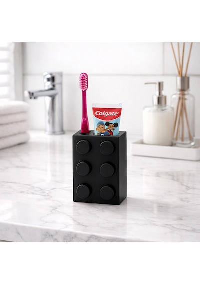 Fibrika Store Brick Tasarım Dekoratif Diş Fırçalık Ve Macun Tutucu Siyah