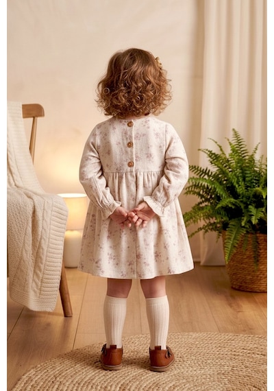 Babymod Fırfırlı Çiçekli 100% Pamuk Müslin Kız Bebek Elbise Bej