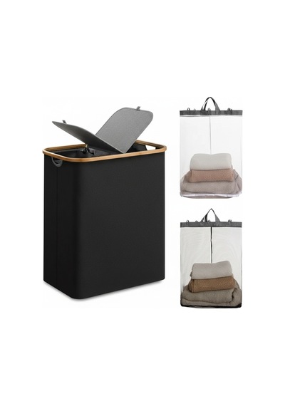 Bambu Çerçeveli 100 Litre Kapaklı Katlanabilir Çamaşır Sepeti, 2 Bölmeli Kirli Sepeti 60x54x33 Siyah