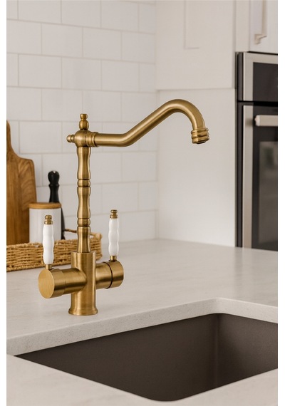 Rena Design Rustik Mat Gold Aritmali 3 Yollu Mutfak Evye Batarya Prinçlüks Musluk Garanti Porselen Kol Armatür