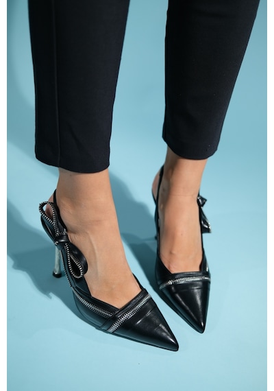 Luvishoes Glen Siyah Cilt Fermuar Detaylı Kadın Yüksek Topuklu Ayakkabı Sıyah Cılt