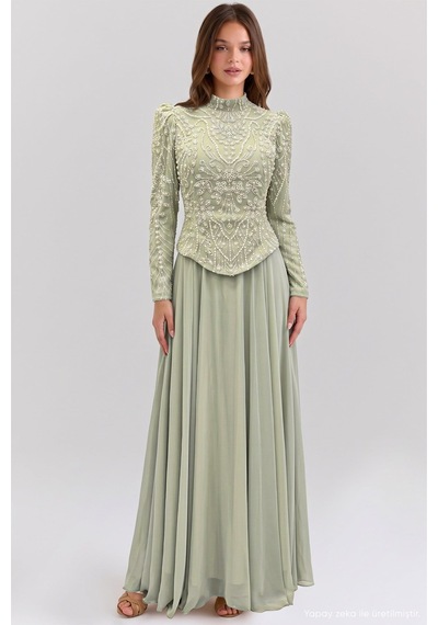 Olcay Boncuk Ve Taş Desenli Şifon Kombinli Exclusive Tesettür Abiye Elbise Mint 1120-y