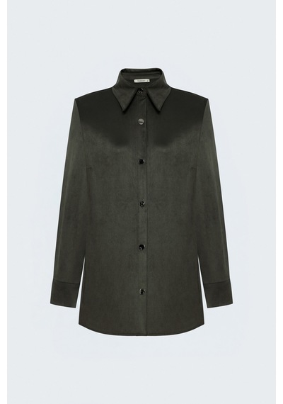 Sateen Çıtçıt Detaylı Süet Gömlek - Haki-138124
