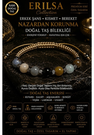Sertifikalı Erkek Şans Kısmet Bereket Nazardan Korunma Doğal Taş Bilekliği - Ayarlamalı Unisex Lüks Çok Renkli