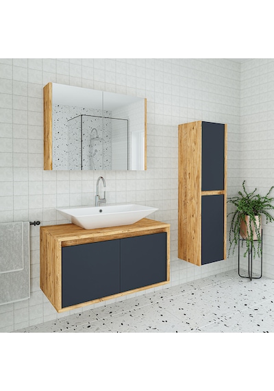 Banos Roomart Lavabolu Ahşap-Antrasit 85Cm Banyo Dolabı+Aynalı+Bo Antrasit