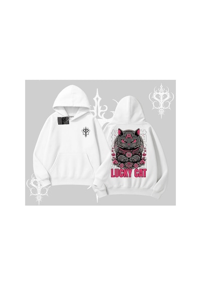 Tarzsokak Lucky Cat Japon Tarzı Kedi Baskılı Kapşonlu Sweatshirt Beyaz
