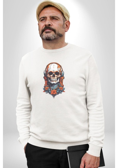 Müzik Kulaklık Takan Kurukafa Kırmızı Gül Unisex Beyaz Baskılı Sweatshirt Beyaz