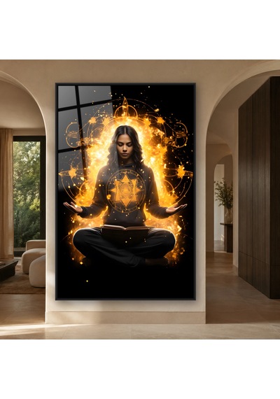 Altın Işıkta Meditasyon Yapan Kadın Siyah Çerçeveli Cam Tablo