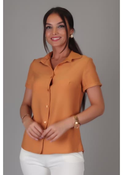 Sweetness Kadın Taba Kısa Kol Krinkıl Kumaş Klasik Gömlek Kahverengi