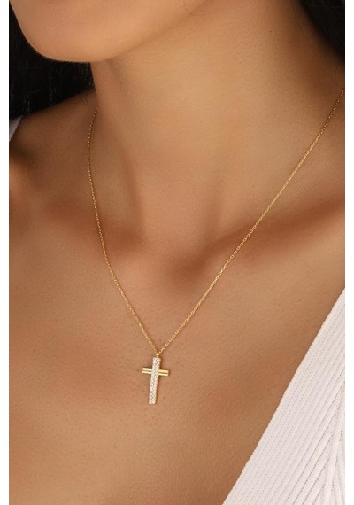Beyaz Zirkon Taşlı Gümüş Haç Kolye Rose Gold